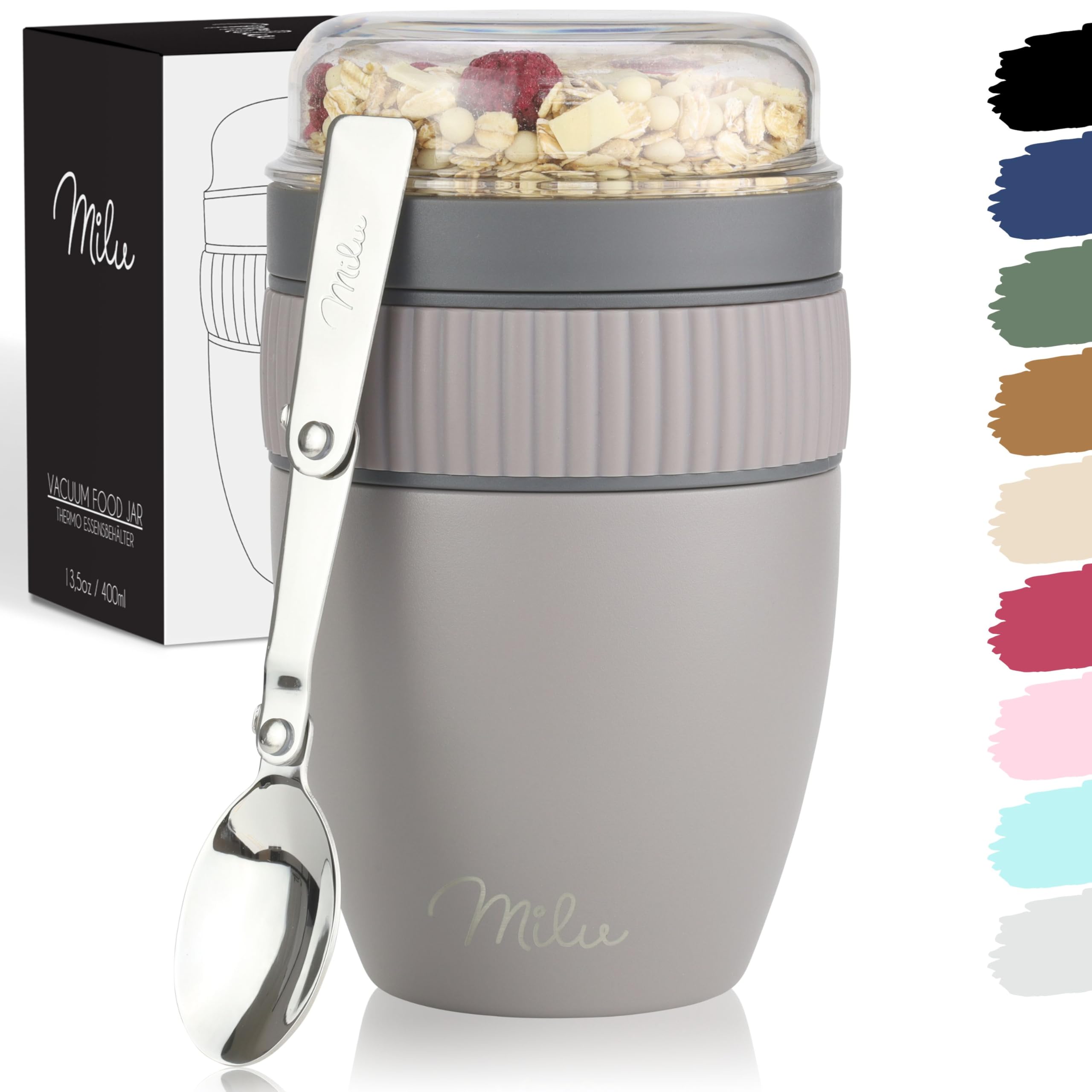 Milu Cereal Cup to go 400ml I insulated yoghurt cup for muesli I leak-proof cup with spoon for yoghurt/porridge (Taupe Grey)