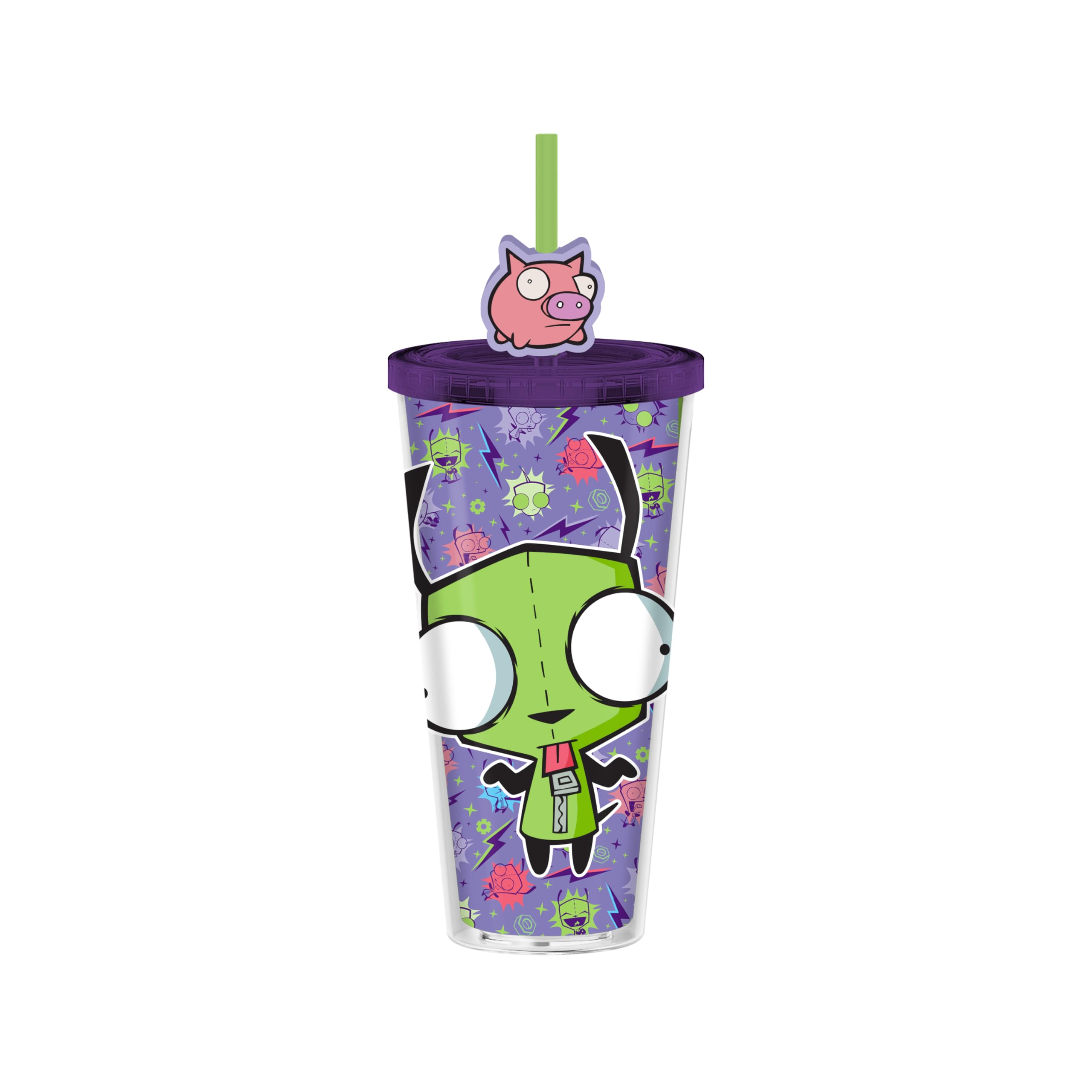 Silver Buffalo Invader Zim GIR Plastic Carnival Cup With Lid and Straw Topper | Holds 24 Ounces