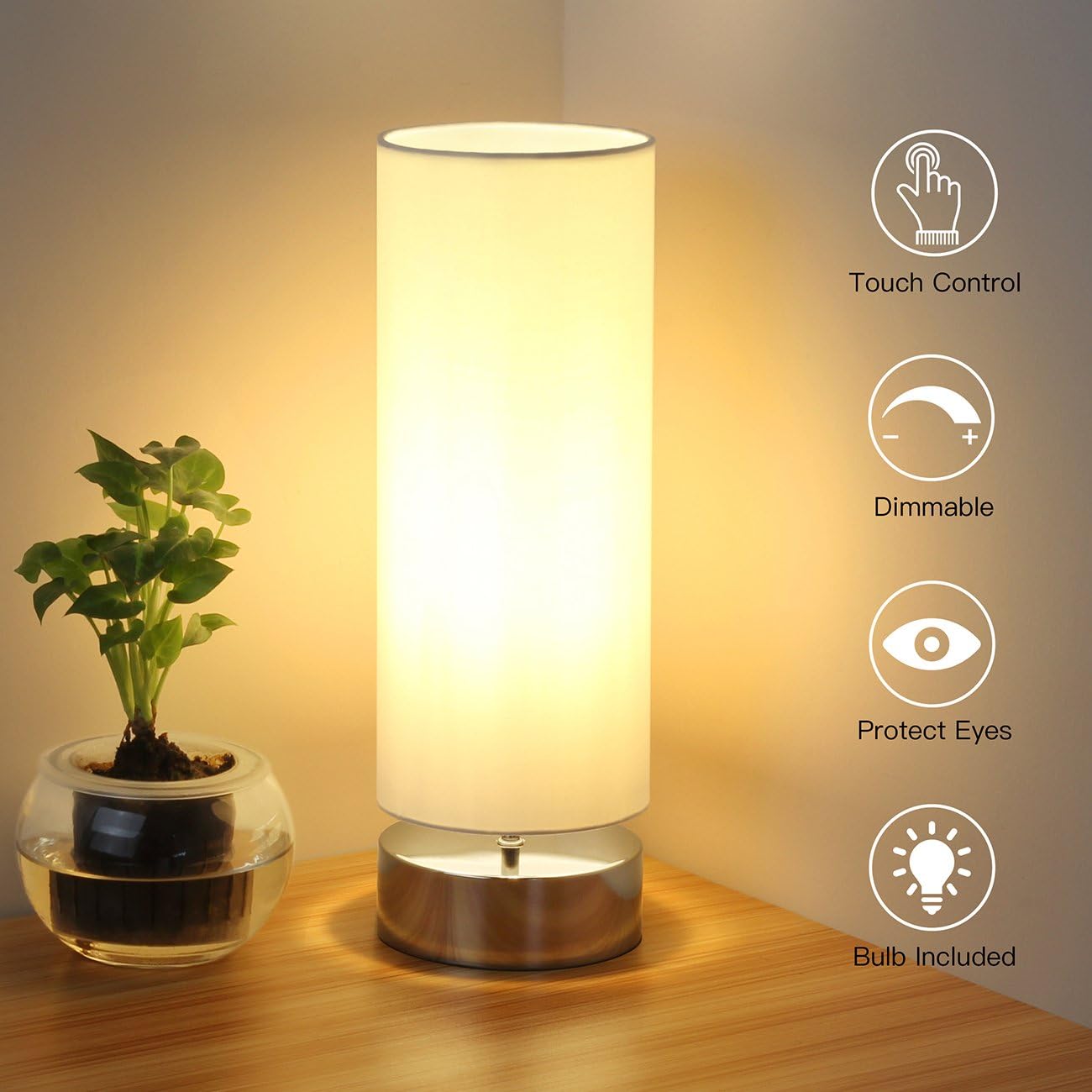 Touch Control Table Lamp Bedside Minimalist Desk Lamp Modern Accent Lamp Dimmable Touch Light with Cylinder Lamp Shade Night Light Nightstand Lamp for Bedroom Living Room Kitchen, E26 Bulb Included - - 