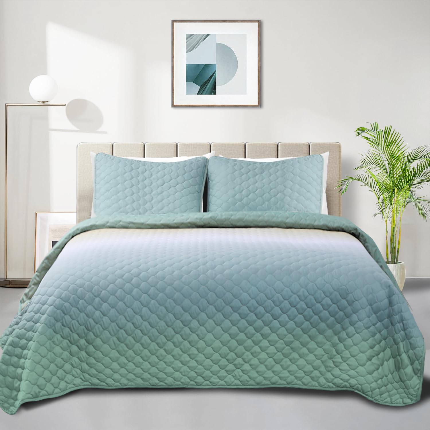Photo 1 of ***SIMILAR***SCHNAUZER HOME Quilt Set Full Queen Size 3 Piece, Gradient Green Pattern Printed Bedding Coverlet Set, Lightweight Soft Reversible Bedspread Sets for All Season (1 Quilt & 2 Pillow Shams)
