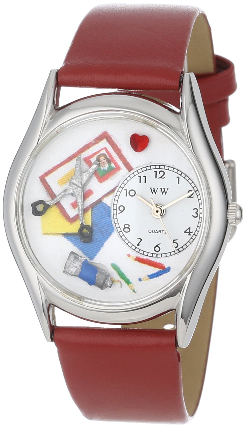 Whimsical Watches Scrapbook Red Leather and Silvertone Unisex Quartz Watch with White Dial Analogue Display and Multicolour Leather Strap S-0410002