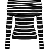 CIDER Striped Off The Shoulder Long Sleeve Knit Sweaters Going Out Fall Tops