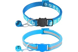 zulinlong 2 Pack Breakaway Cat Collars with Bells, Reflective Design and Claw Print Design, Safety Buckle Kitten Collars Adjustable from 7.5 to 12.5 Inches (Sky Blue)