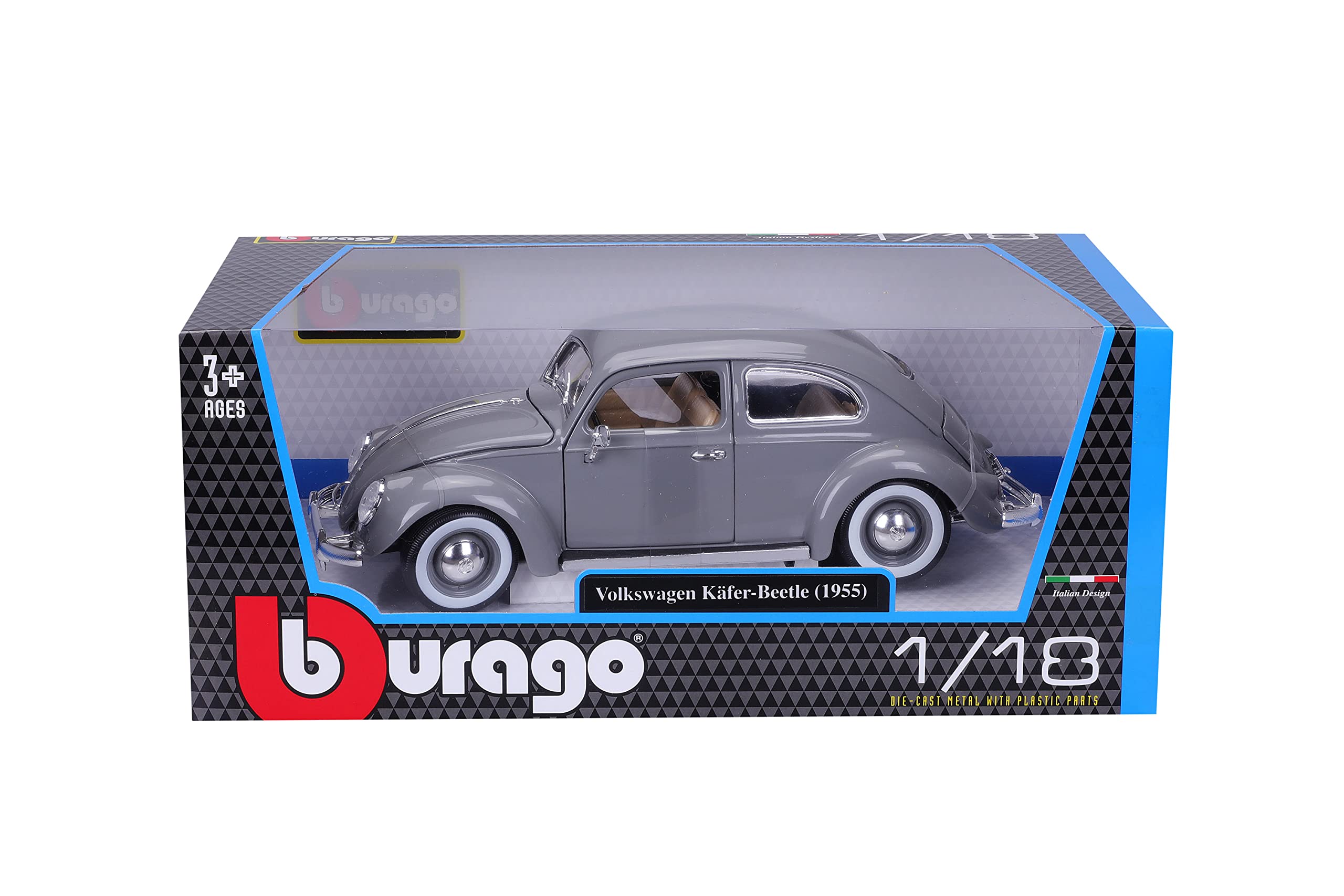 Bburago Volkswagen Beetle (1955): 1:18 Scale Model Car, Doors, Boot and Bonnet, Movable, Grey (18-12029G)