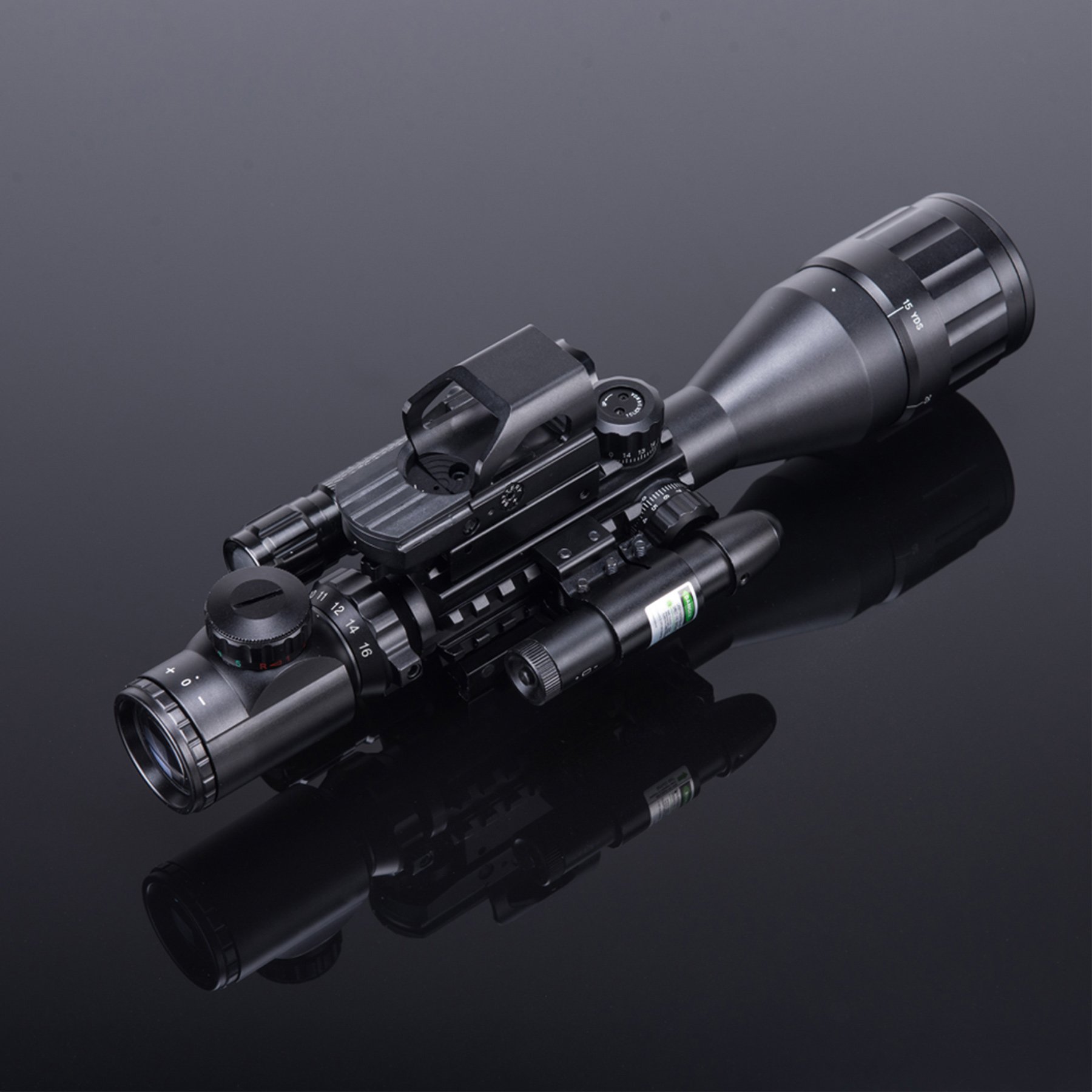 HIRAM 416x50 AO Rifle Scope Combo with Green Laser, Reflex Sight, and