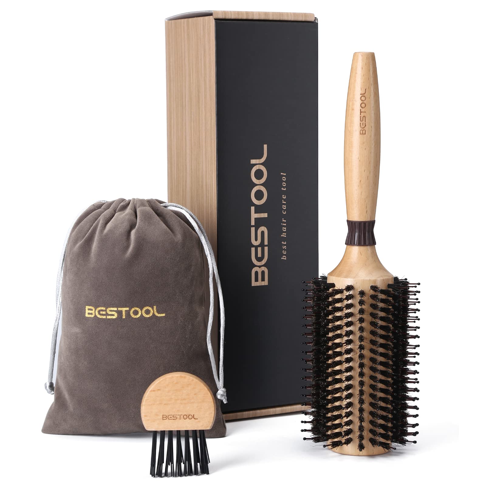 BESTOOL Round Brush for Blow-Drying, Boar Bristles with Nylon Pins, Professional Styling Brush for Women and Men, Straightening, Curling, Improving Hair Texture (Barrel 38mm)