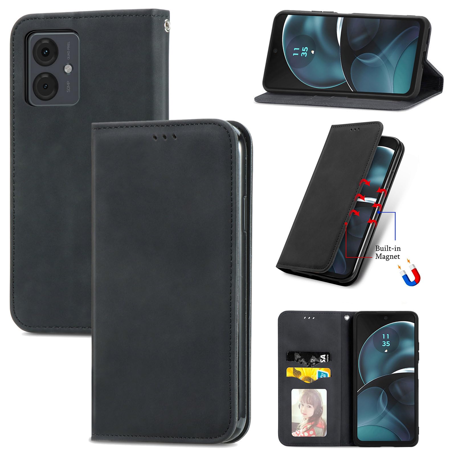 Everainy Compatible for Motorola Edge 40 Neo Case Silicone Leather Flip Magnetic Closure with Stand Kickstand Card Slot Wallet Shockproof Bumper Cover (Black)