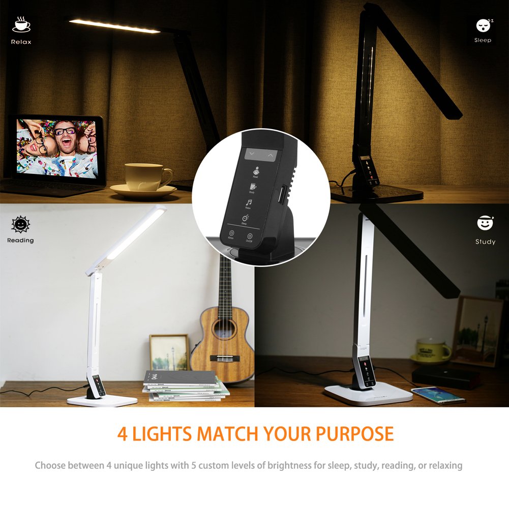 Lámpara de Escritorio LED, BlitzWolf Lámpara de Mesa con 27 Bombillas 4 Modos de Luz, Panel Plegable con Control Táctil,Cuidado de Los Ojos, + 5V/1.5A Puerto USB de Carga para Dormitorio,Lectura(Blanco)