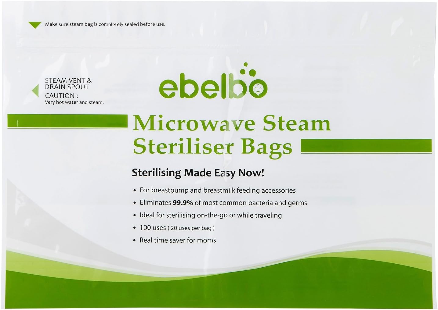 EBELBO Reusable Microwave Steam Steriliser Bags Pouches for Baby Bottles Breast Pump Accessories, Set 1: 3 Pack