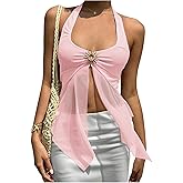 MakeMeChic Women's Tie Backless Halter Tops Metal Decor Split Sleeveless Y2k Tank