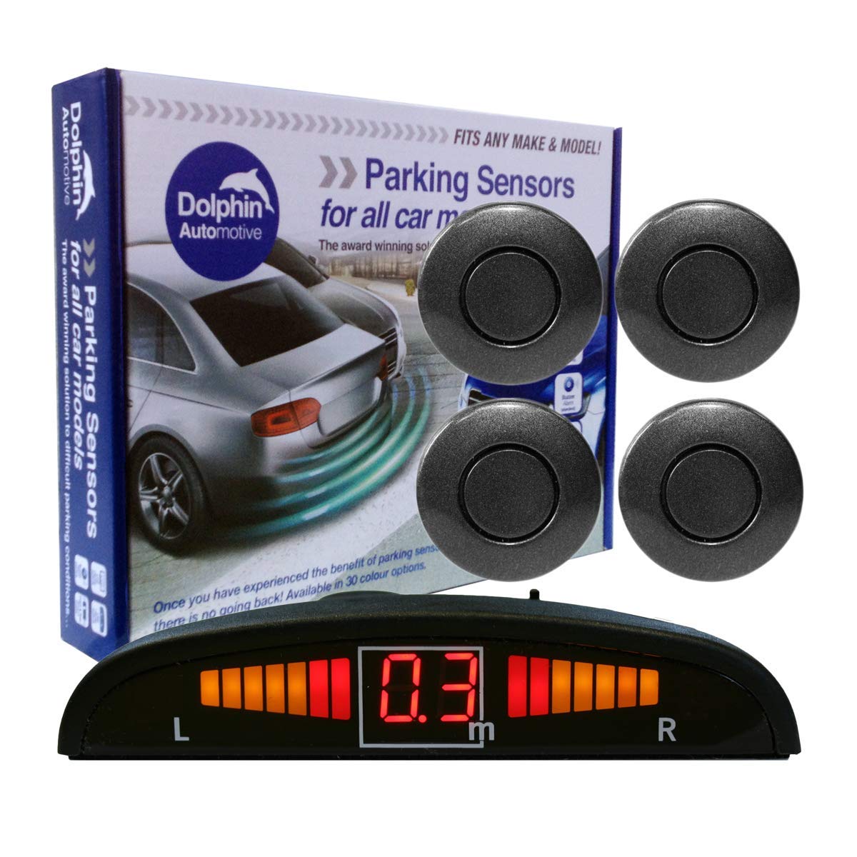 Dolphin Automotive DPS450 Reverse Parking Sensors In 32 Colours 4 Ultrasonic Radar Sensors Kit Audio & Display Alert System - Iron Grey