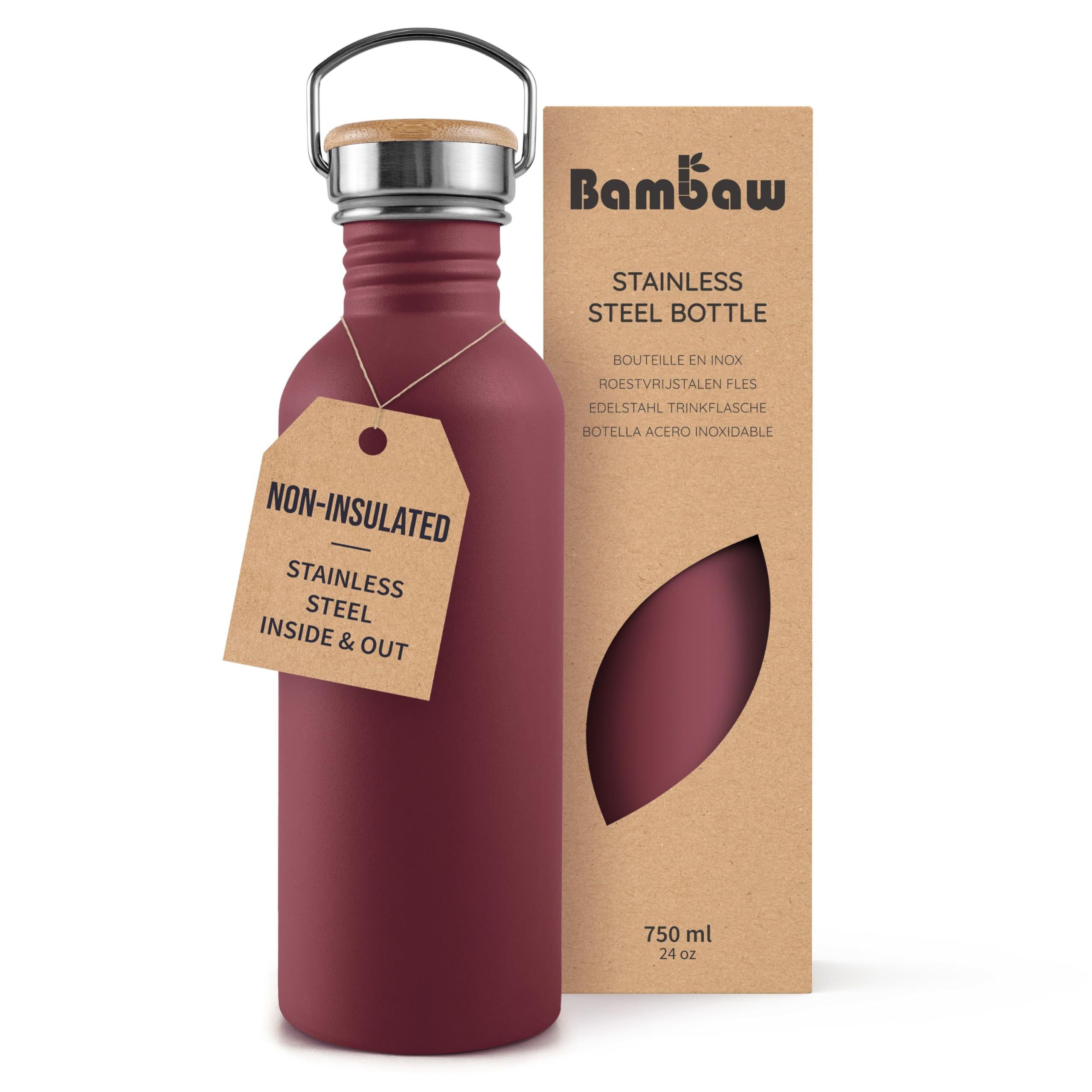 Bambaw Stainless Steel Water Bottle 750ml, Red, Non-Insulated, Leak Proof, Reusable – Red Berry
