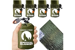 Thrive The Wild Next-Gen 4-Pack Ultra-Durable Emergency Blankets - Extra-Thick, Waterproof Mylar with Whistles, Storage Pouches - Ideal for Camping, Hiking & Survival Gear