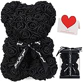 LINKLO Rose Bear Rose Teddy Bear -10 inch Artificial Rose Flower Bear, Gift for Wedding, Mothers Day and Anniversary, Including Transparent Gift Box (Black)