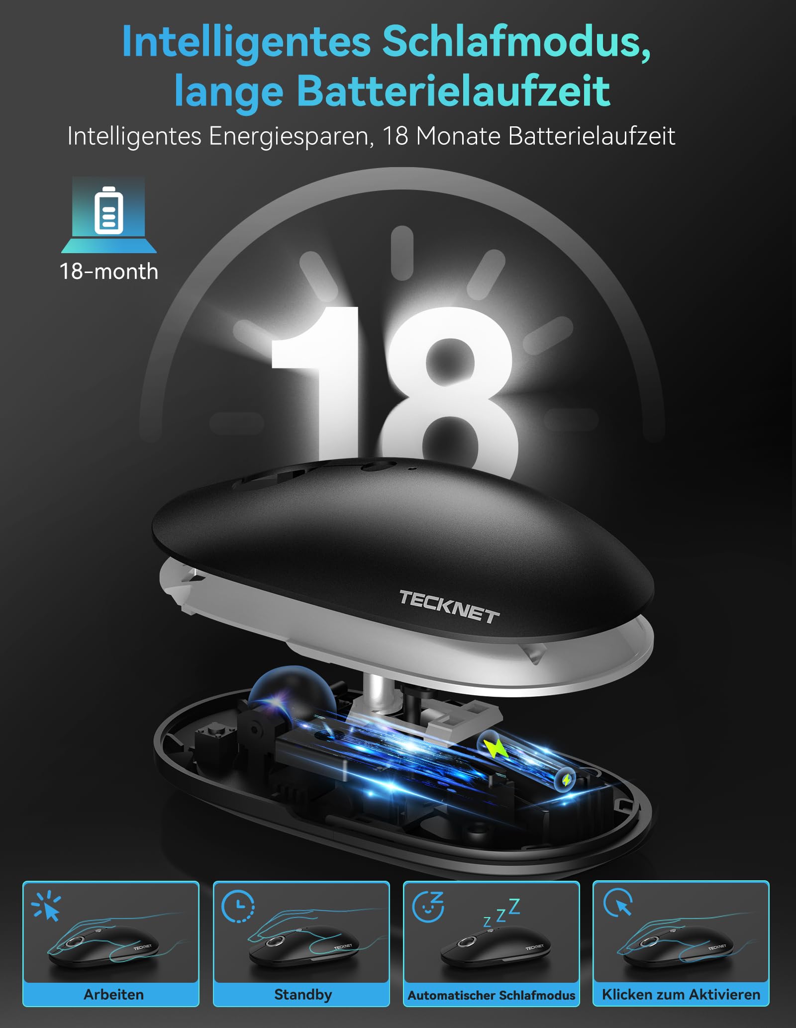 TECKNET Slim Maus Kabellos, 2,4 GHz Funkmaus mit USB C Adapter, 4800 DPI Maus mit 5 DPI Einstellbar, Silent Mouse, Ultra DüNne Wireless Mouse, Computermaus fur Mac/PC/Laptop,18 Monate Akkulaufzeit 7