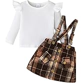 ChuYuKu Baby Girl Fall Winter 2Pcs Outfit Dress Clothes Set Ruffle Top + Plaid Suspender Skirt for Toddler Girl 9M - 4T