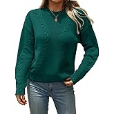 ChiaoLezhee Drop Shoulder Pullover Long Sleeve Cable Knit Sweater for Women, Dark Green, Medium