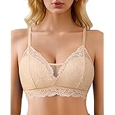 Avidlove Sexy Bras No Underwire Lace Bralette Triangle Bra Plunge Mesh Balconette Bras(Beige,XL)