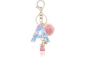 OKAICEN Resin Alphabet Initial Letter Keychain Keyring for Women Purse Handbags With Fur Ball Pom