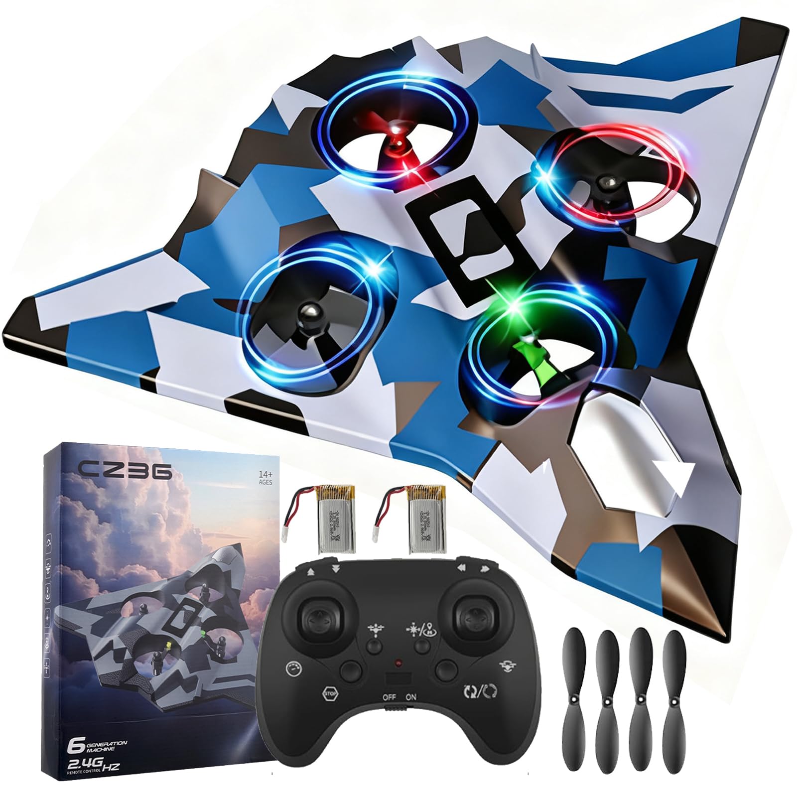 RC Plane Toy, 2.4Ghz Remote Control Airplane with LED Lights, 360° Flip, Auto Hover, 2 Batteries, Anti Falling Stunt Roll Spinning Drone, Foam Fighter Jet Helicopter Toy Gift for Kids Adults Beginners