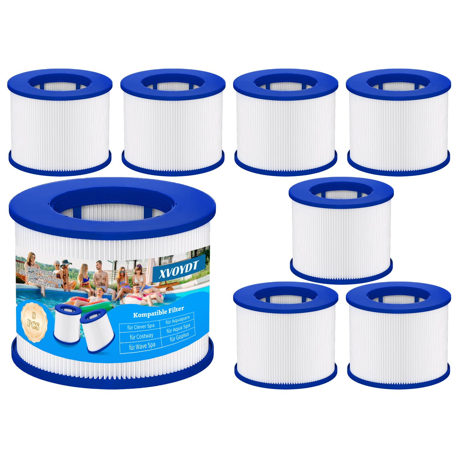 XVOYDT Pack of 8 Replacement Whirlpool Filters for Inflatable Spa, Cartridge with Screw Thread for Infinite Spa Filter, Clever Spa 75 x 100 mm, Height 75 mm Pool Filter Cartridge