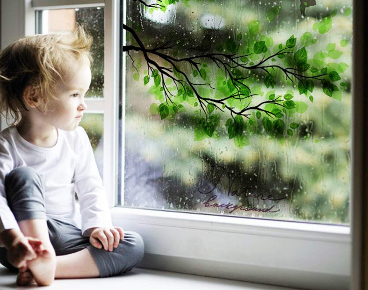 Keepforeverlove Frosted Glass Sticker, Green Leaves Frosted Sticker for Bathroom Balcony Sliding Door Waterproof Decorative Window Film (Leaf 7017)