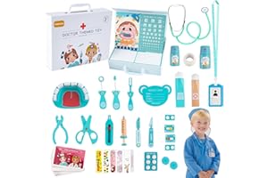 DQMOON Doctor Kit Toys for 3 5 6 7 Year Old Boys Girls,30+ Pcs Wooden Pretend Play Medical Set with Carrying Case,Dentist Toys for Kids Ages 3 4 5 6 Year Old Christmas Birthday Gifts