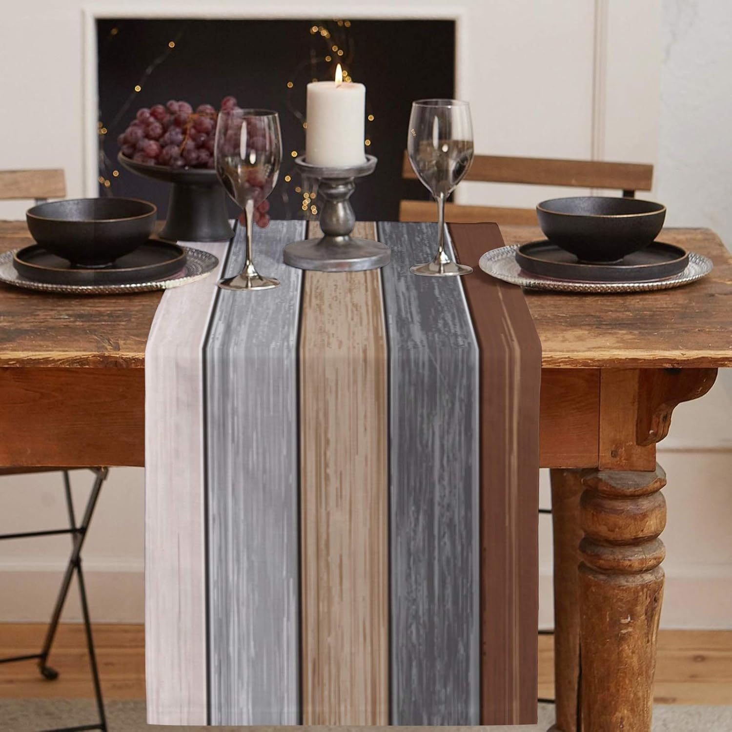 Farmhouse Cotton Linen Table Runner Dresser Scarf Retro Rustic Barn Wood Texture Ombre Ground Color Brown Grey Non-Slip Rectangle Settings Decoration for Kitchen Home Dining Holiday,70 inches Long: Home & Kitchen
