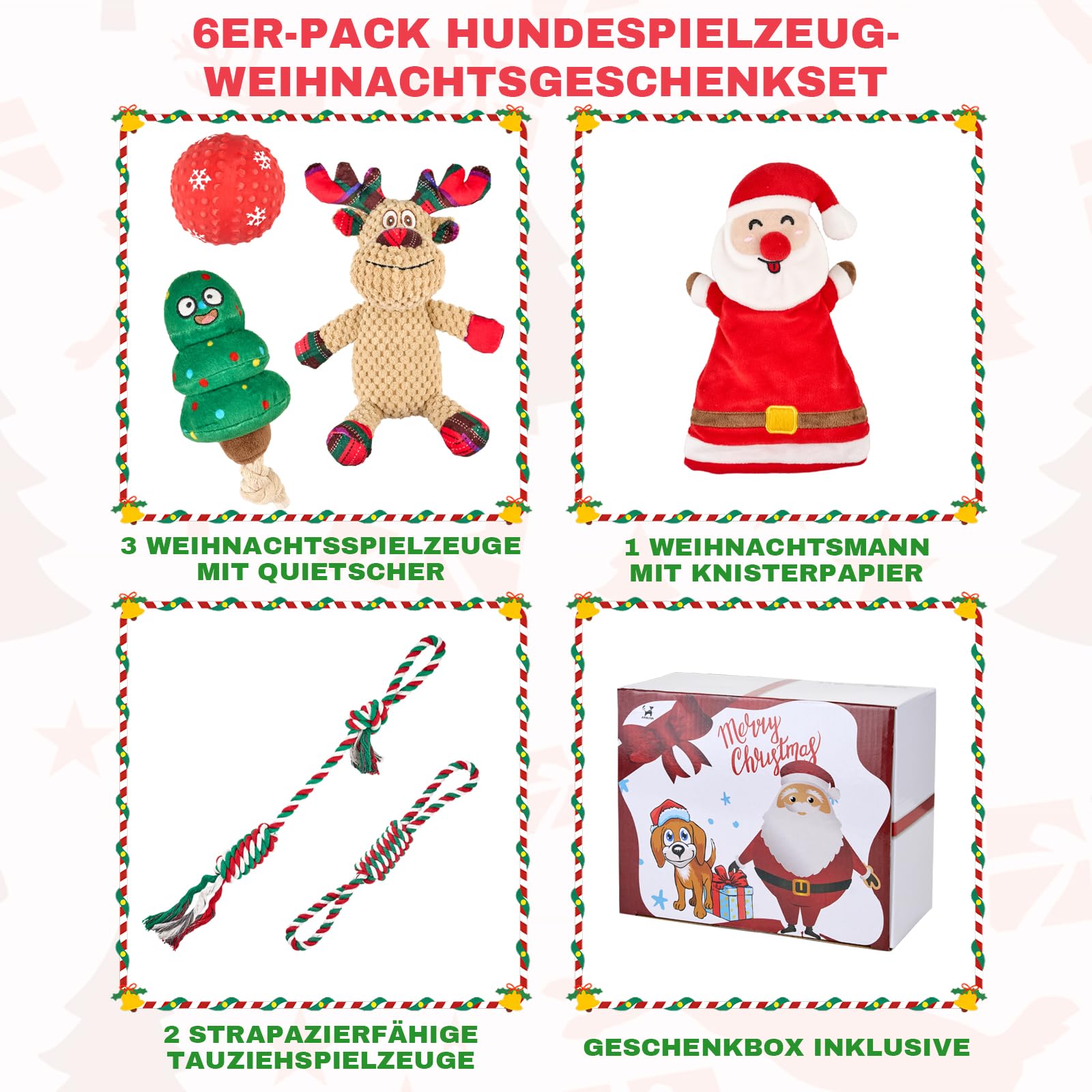 Arblina Hundespielzeug Weihnachten, Weihnachtgeschenke-Set (6er-Pack) für Kleine&Große Hunde, Interaktive Hundespiele mit Quietschspielzeug, Seilspielzeug, Gummiball und Plüschtier-Spielzeug