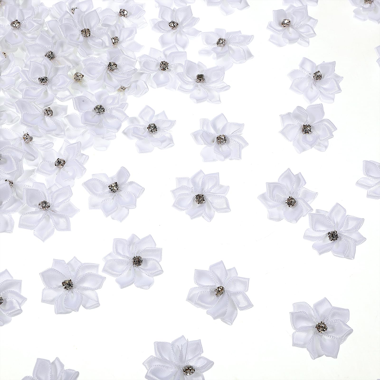 Photo 1 of 100 Pcs Satin Ribbon Flowers Bows Rhinestone Appliques 1.1 Inch Flowers Bows Rose Mini Tiny Applique Ribbon Flower for Wedding Party Home Decor Craft Embellishment(White)
