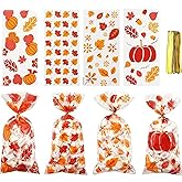 Fall Treat Bags With Ties,Thanksgiving Fall Goodie Bags,Fall- Candy Bag,Plastic Cellophane Treat Bag Print Autumn Maple Leaf Cookies Candy Goodie Gift Bag- for Thanksgivings Falls Party Favors 60 Pcs, 5.1 x 10.6 Inch