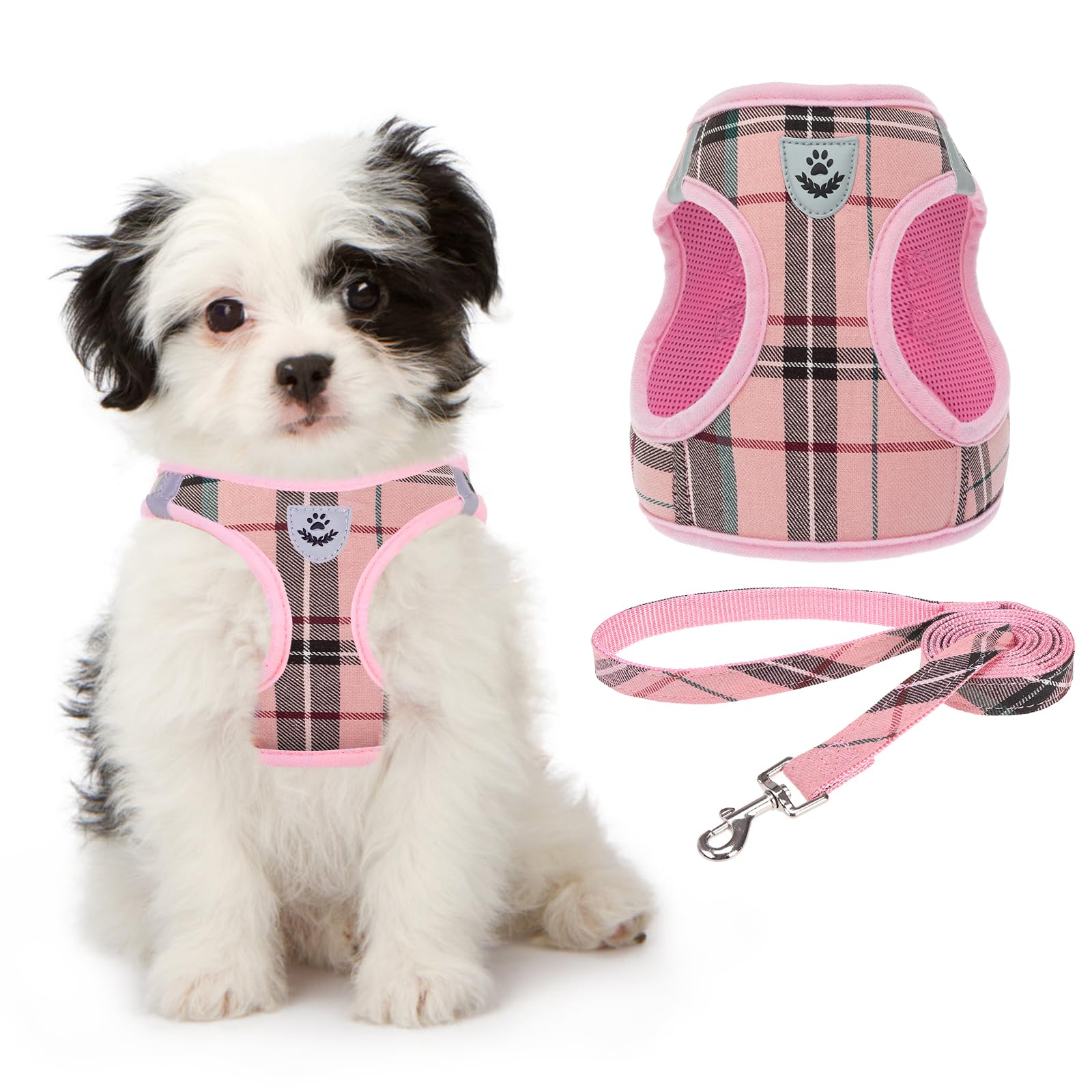 KOOLTAIL Dog Harness small dog, Soft Mesh Small Dog Harness and Lead Set, Step In Adjustable & Comfortable Padded Reflective Vest for Puppies and Small Breeds Dogs Walking, Pink Plaid XS