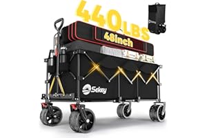Sekey 48''L Collapsible Foldable Extended Wagon with 440lbs Weight Capacity, Heavy Duty 300L Folding Utility Garden Cart with Big All-Terrain Beach Wheels & Drink Holders. Black