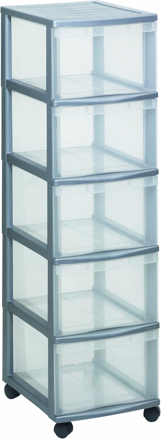 Rotho Schubladenschrank OPTIMO Tower, flexibles und stabiles Schubladensystem mit 5 Schüben aus Kunststoff, silbernes Gehäuse und transparente Schubladen, ca. 38,5 x 30 x 85,3 cm