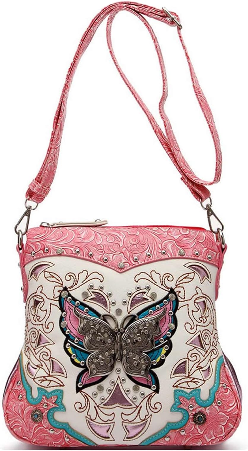 Western Style Butterfly Tooled Leather Women Purse Cross Body Handbag Concealed Carry Single Shoulder Bag