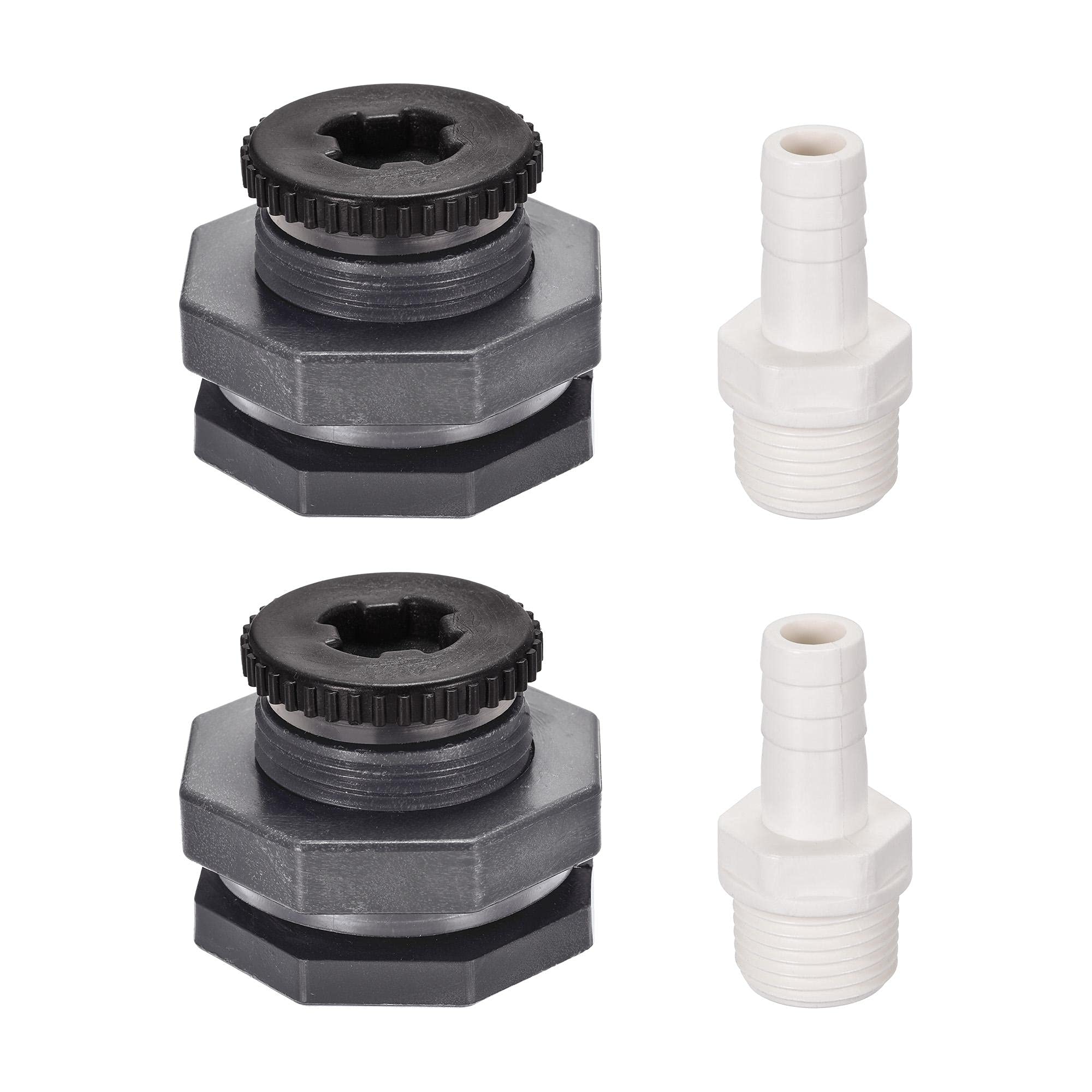 sourcing map PVC Bulkhead Tank Adapter G1/2 Thread with Plug and 12mm OD Barbed Pipe Fitting for Rain Buckets Water Tanks 2 Set