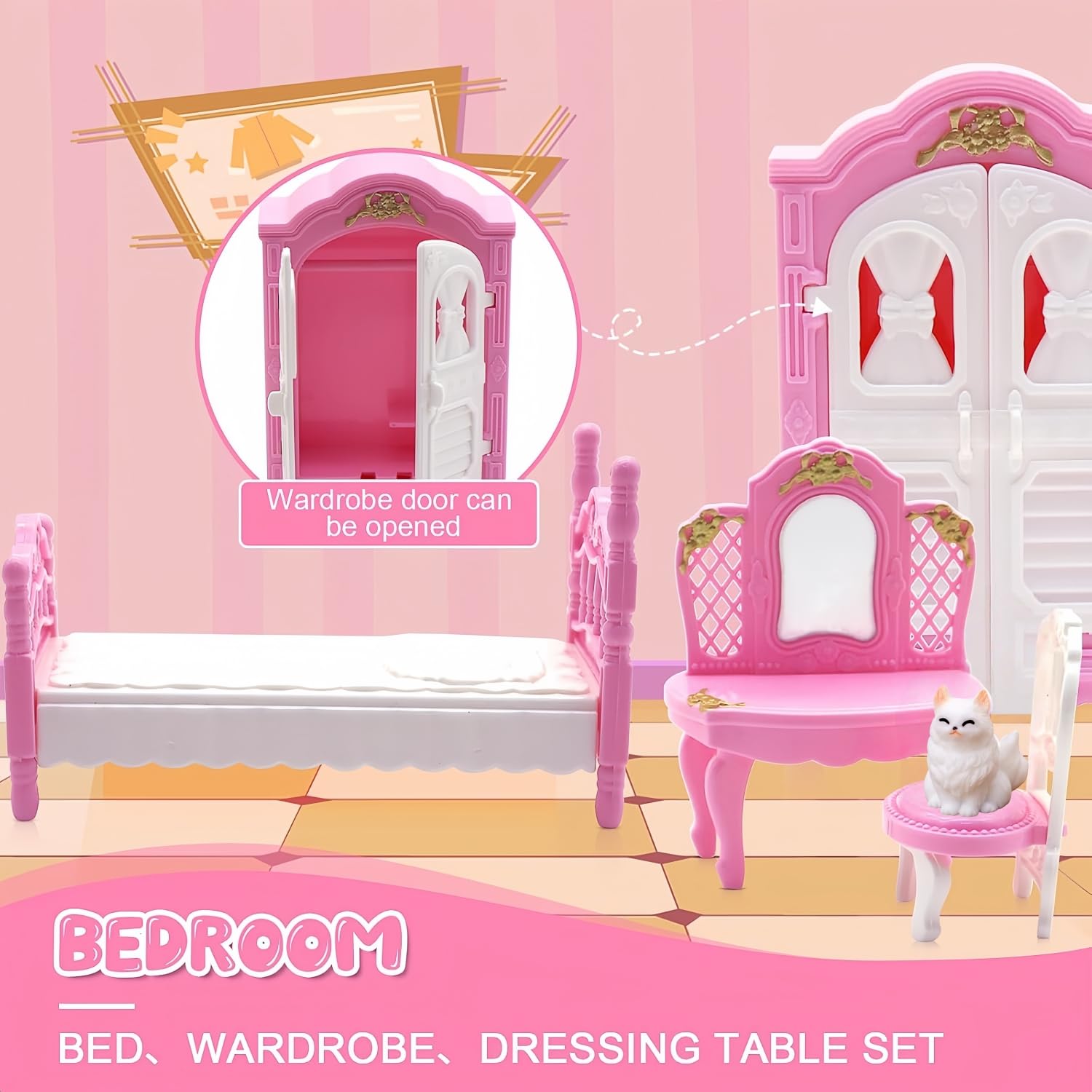 36Pcs Dollhouse Furniture Sets,Miniature 1:12 Scale Doll House Accessories and Furniture with Cat,Dog,Kitchen, Dining Room, Living Room,Bedroom for Playhouse Toy(Pink)