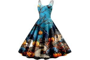 BAXLIMEK Halloween Dress for Women,2024 Elegant Trendy Graphic Spaghetti Straps Cosplay Party Dress Flowy Ruched Swing Dress