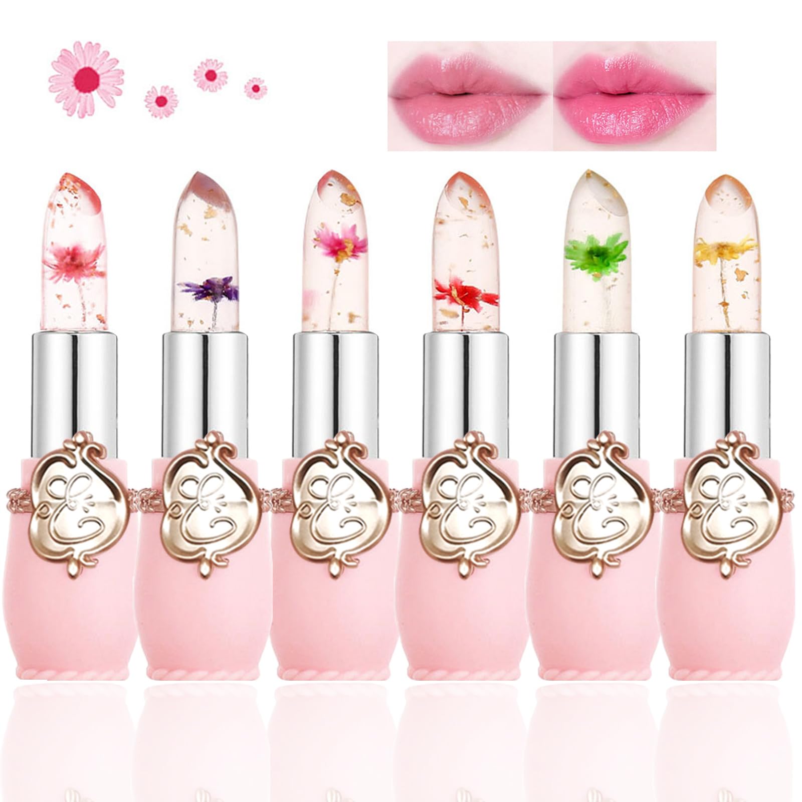 Skynest Clear Flower Jelly Lipstick, 6 Packs Nutritious Moisturizer Lip Balm Temperature Color Change Lipstick Matte Long Lasting Lip Gloss (Pink)
