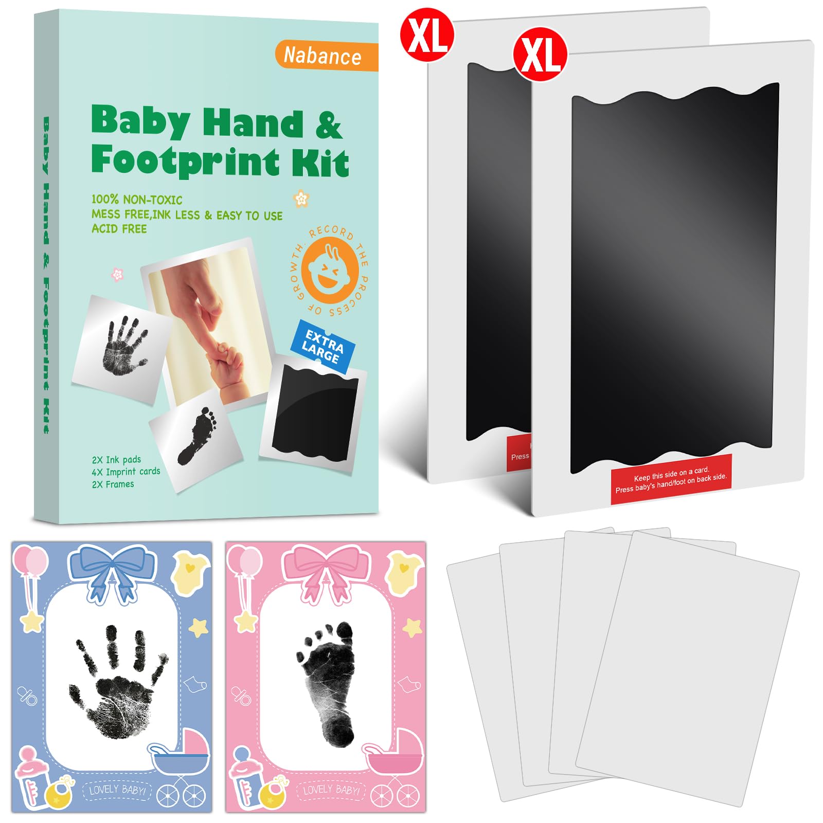Baby Hand and Footprint Kit - Inkless Ink Pad for Baby Footprint Kit, 2 Large Size Inkless Ink Pads with 4 lmprint Card, 2 Photo Frames, Clean Touch Ink Pad No Mess Baby Handprint Kit