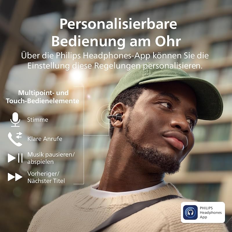 TAQ2000BK ohraufliegende True Wireless Multipoint-Bluetooth-Ohrhörer mit Ohrmanschette - 28 Stunden Spielzeit, Kompaktes Lade-Case, Klare Anrufe, für Arbeitsweg und Sport - Schwarz
