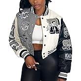 ACEFAST INC Womens Varsity Jacket Long Sleeve Button Down Cropped Bomber Jackets Casual Baseball Coat Y2K Streetwear