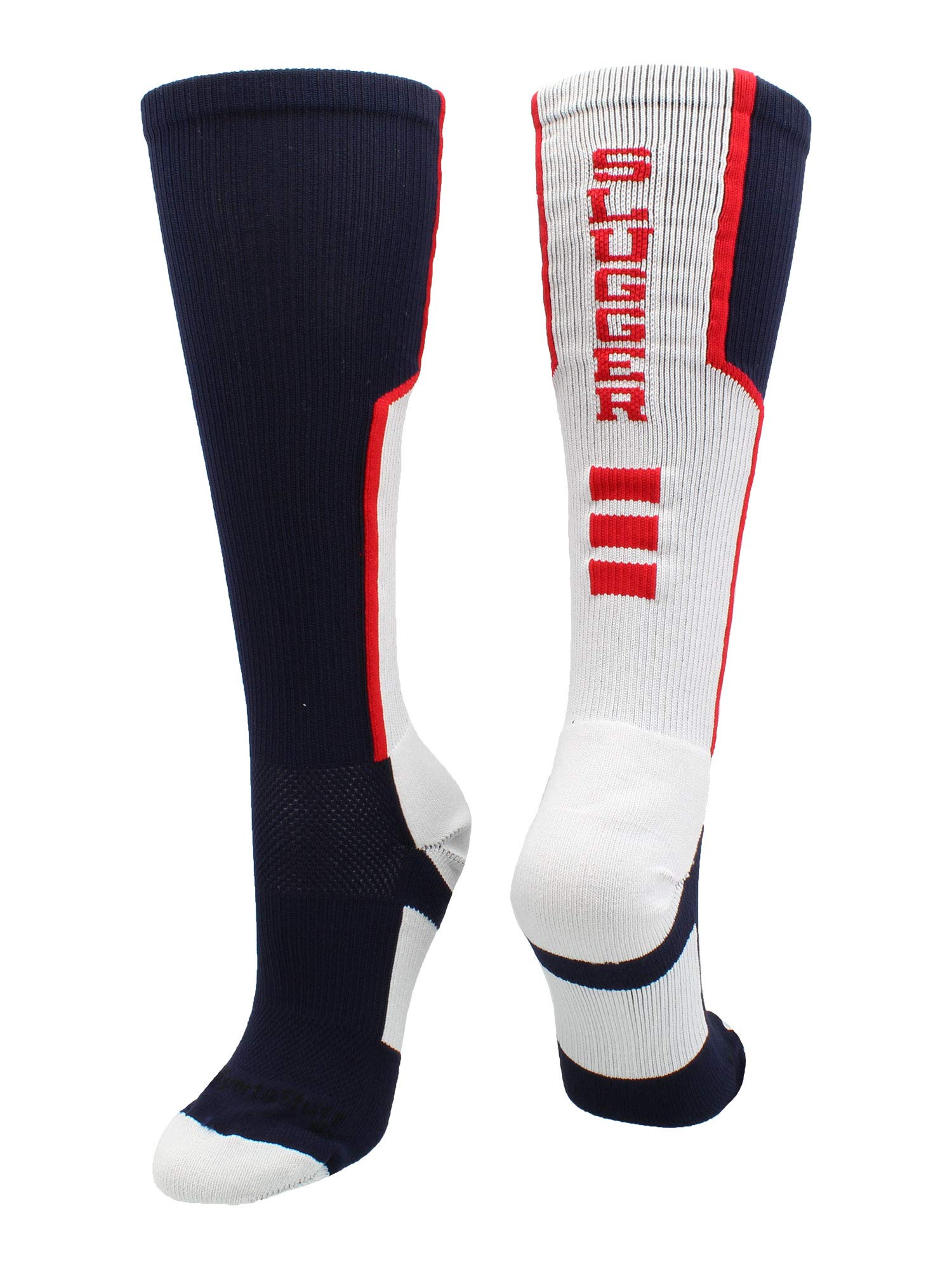 MadSportsStuff Slugger Calcetines de béisbol sobre la pantorrilla (azul marino/rojo/blanco, pequeño)