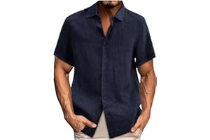 Men Cotton Linen Shirts Summer Short Sleeve T-Shirts Casual Button Down Blouses Beach Wedding Collared Shirt for Mens