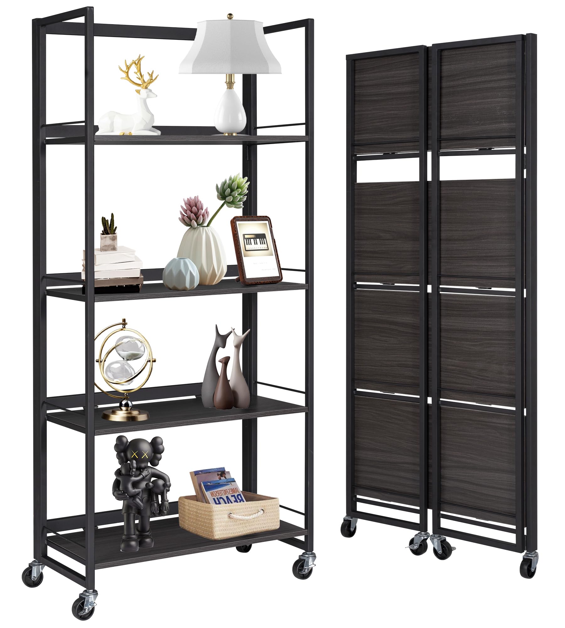 Photo 1 of (used item)(please see all images) BIBKOK No-Assembly Folding Bookshelf Storage Rack Shelves with Castors 4 Tiers Vintage Bookcase Standing Racks Multifunctional