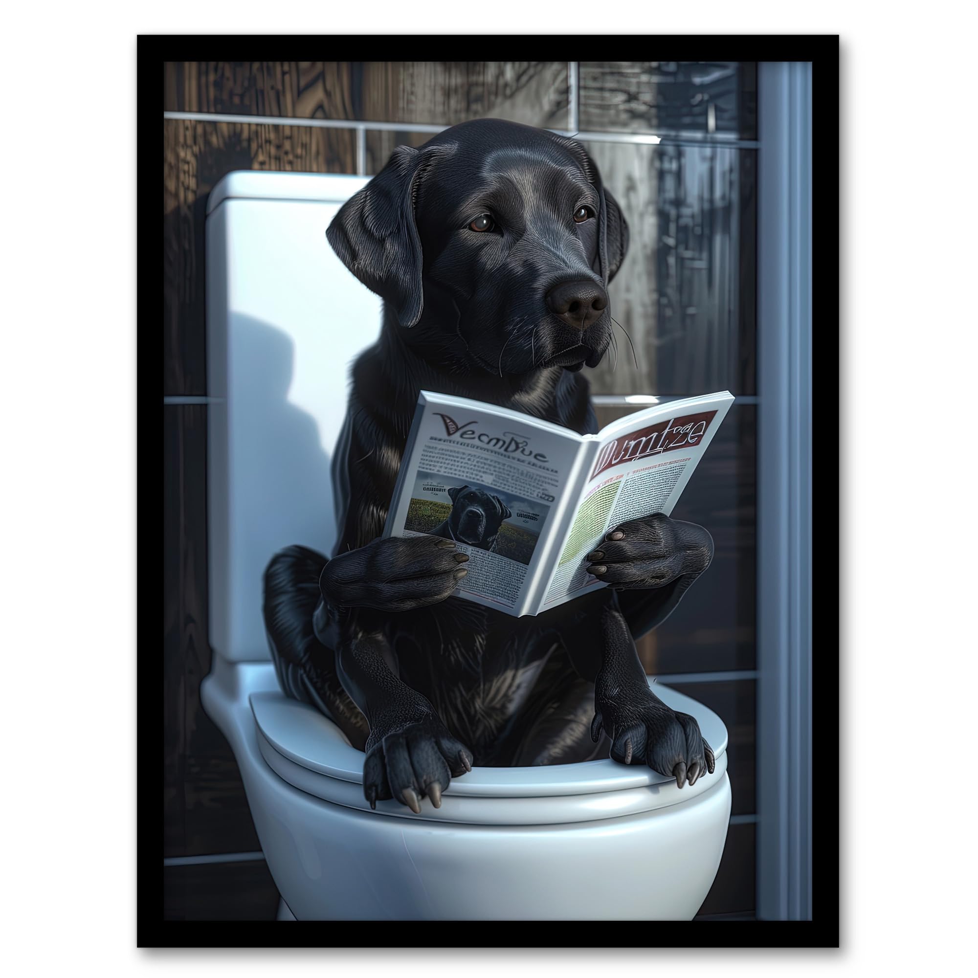 Artery8 Dog Lover Funny Black Labrador Reading on Toilet For Bathroom Art Print Framed Poster Wall Decor 12x16 inch