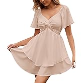 Florboom Women's Sweetheart Knot Front Dress Smocked Back Short Sleeve Layered Boho Chiffon Mini Dresses