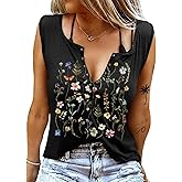 Deranex Women's Wildflower Floral V-Neck Tank Tops Summer Sleeveless Casual Loose Fit Shirt