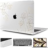 TWOLSKOO for 2021 2020 2019 2018 MacBook Air 13 inch Case A2337 M1 A2179 A1932, Hard Shell Case with Keyboard Skin & Screen Protector for MacBook Air 13.3 inch with Retina & Touch ID, Gold Florals