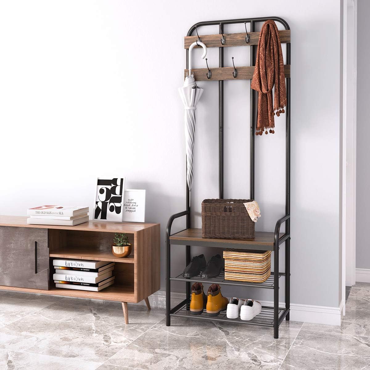 3-in-1 Entryway Coat Rack, LANGRIA Vintage Metal and Wood Hall Tree with Storage Bench Shoe Rack Entryway Storage Shelf Organizer for Home Bedroom Office Clothes Hats: Home Improvement